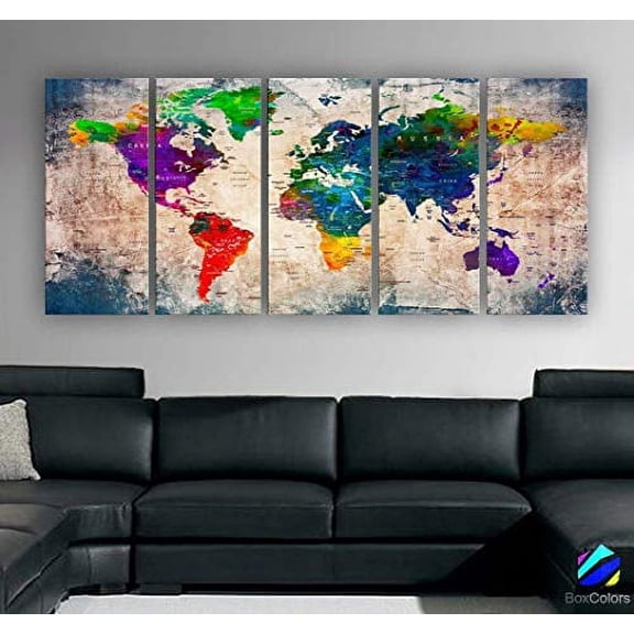 Original by BoxColors Xlarge 30"x 70" 5 Panels 30x14 Ea Art Canvas Print Watercolor Multi Color Old Map World Push Pin Travel Wall decor (framed 1.5" depth) M1808