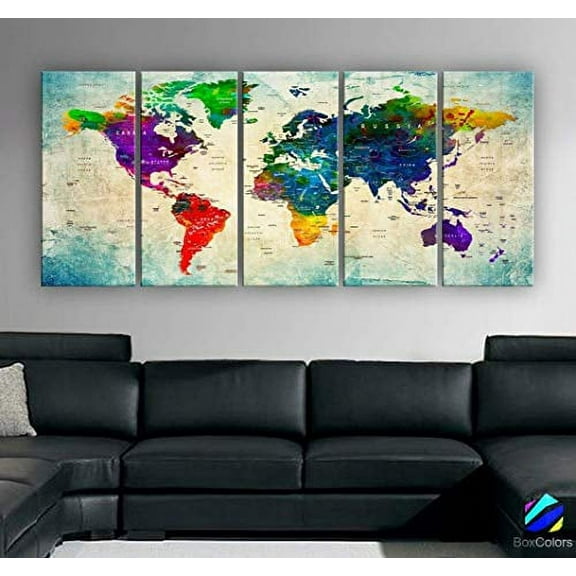 Original by BoxColors Xlarge 30"x 70" 5 Panels 30x14 Ea Art Canvas Print Watercolor Multi color Map World Push Pin Travel Wall decor (framed 1.5" depth) M1805