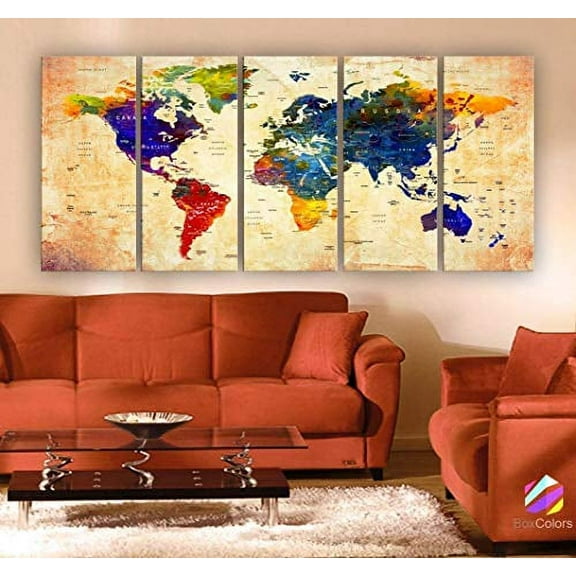Original by BoxColors Xlarge 30"x 70" 5 Panels 30x14 Ea Art Canvas Print Watercolor Orange Old Map World Push Pin Travel Wall decor (framed 1.5" depth) M1815
