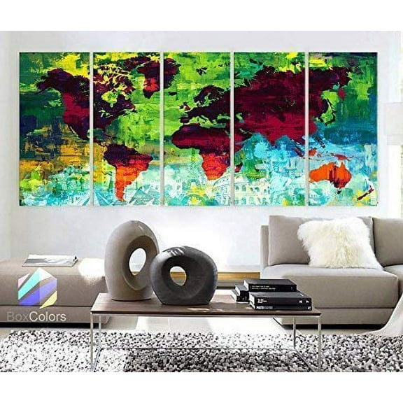 Original by BoxColors Xlarge 30"x 70" 5 Panels 30x14 Ea Art Canvas Print down Wonders of the world Oil paint texture Map Wall decor Home interior (framed 1.5" depth)