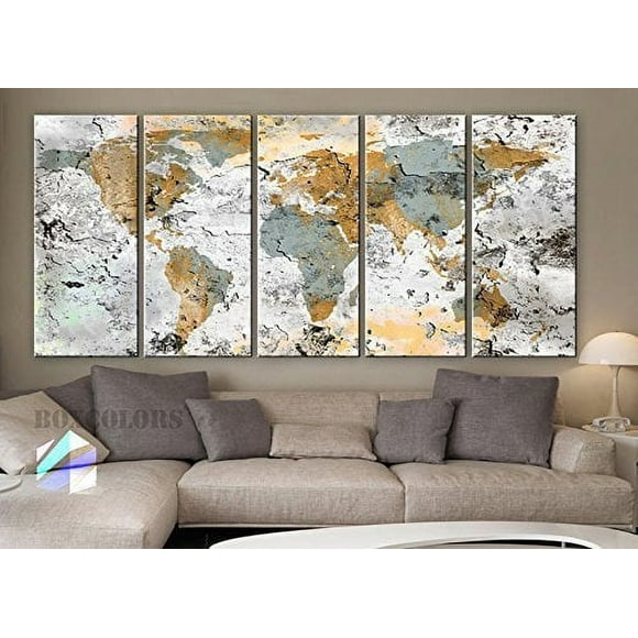 Original by BoxColors Xlarge 30"x 70" 5 Panels 30x14 Ea Art Canvas Print World Map Original Design Watercolor Texture Old Wall Home Decor Interior (Framed 1.5" Depth)