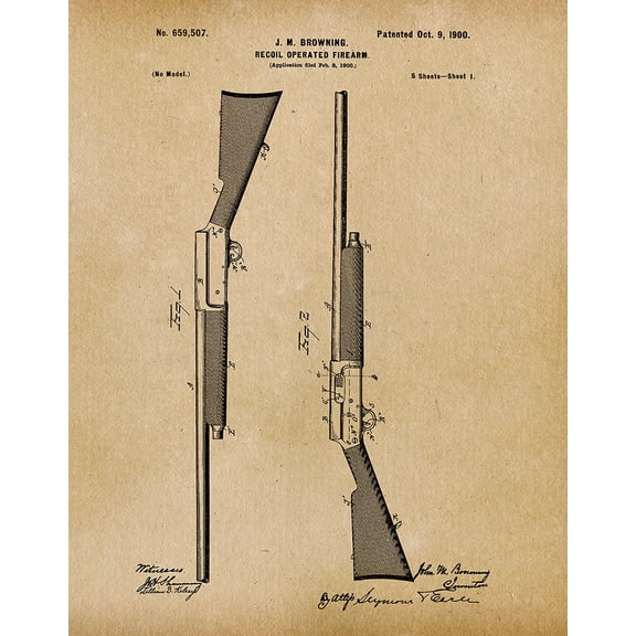 Original Browning Shotgun Artwork Submitted In 1900 - Guns - Patent Art Print