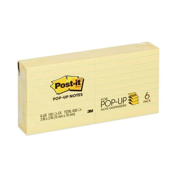 Original Canary Yellow Pop-up Refill, Note Ruled, 3" x 3", Canary Yellow, 100 Sheets/Pad, 6 Pads/Pack | Bundle of 2 Packs