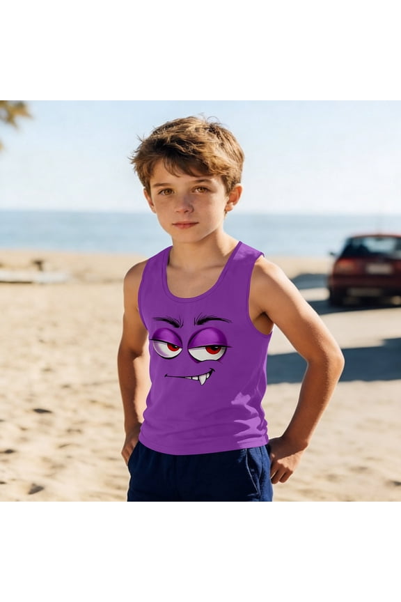 Original Cartoon Character Tank Top for Boys | Purple Sleeveless Graphic Tee Kids Muscle Shirt Funny Monster Design,Size 4 T