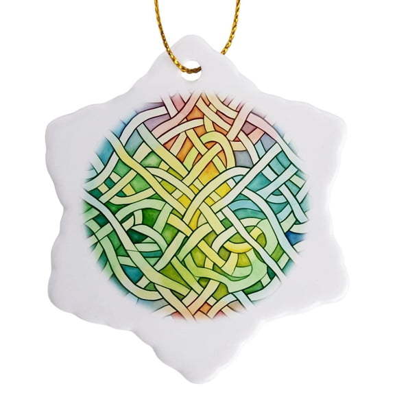 3drose, Original Celtic Knot Pattern of Yellow, Blue, Green Colors, Charm, 3 inch Snowflake Porcelain Ornament