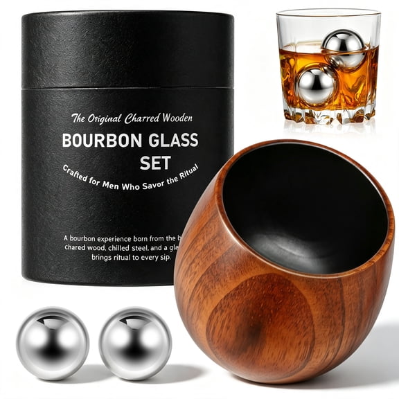 The Original Charred Wooden Bourbon Drinking Glass Bourbon Gifts for Men,with Stainless Ice Balls,Great Whiskey Gifts for Men Who Have Everything | Perfect Presents For Boyfriend or Dad