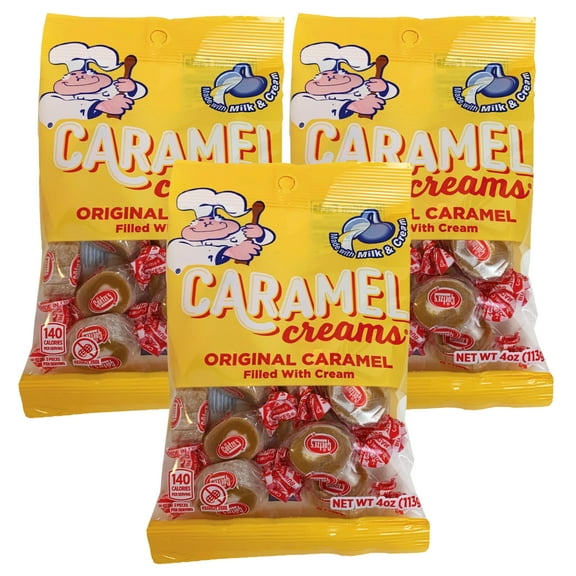 Original Chewy Caramel Creams 4 ounce Individually Wrapped Candy Snack Home Party Favor Birthday Christmas Holiday Treats Stocking Basket Stuffers Goodie Bag Bowl Fillers Gift Supplies - Pack of 3