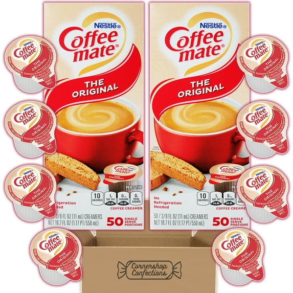 The Original Coffee Mate Creamer Cups Bulk Pack - 100 Single Serve Original Coffee Creamer Cups In Convenient Dispenser Box - For Coffee, Espresso Flavoring and More in Cornershop Confections Pack