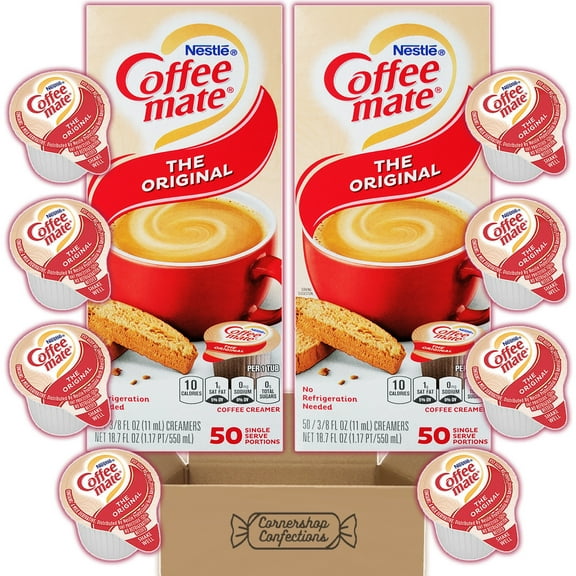 The Original Coffee Mate Creamer Cups Bulk Pack - 100 Single Serve Original Coffee Creamer Cups In Convenient Dispenser Box - For Coffee, Espresso Flavoring and More in Cornershop Confections Pack