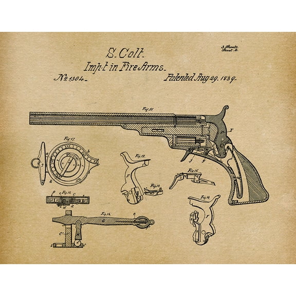 Original Colt Revolver Artwork Submitted In 1839 - Guns - Patent Art Print