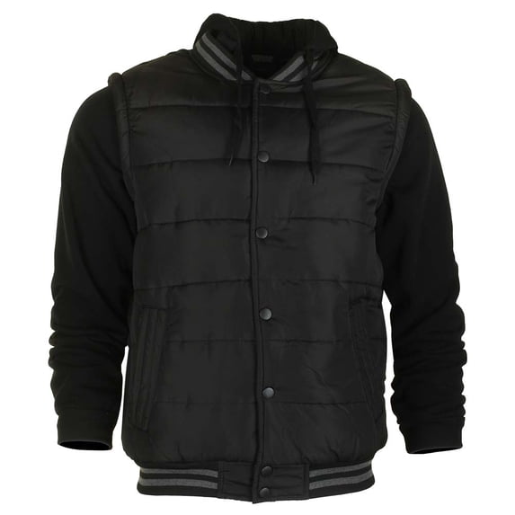 Original Deluxe Men's Mixed Media Hooded Snap Front Varsity Jacket Black 2XL