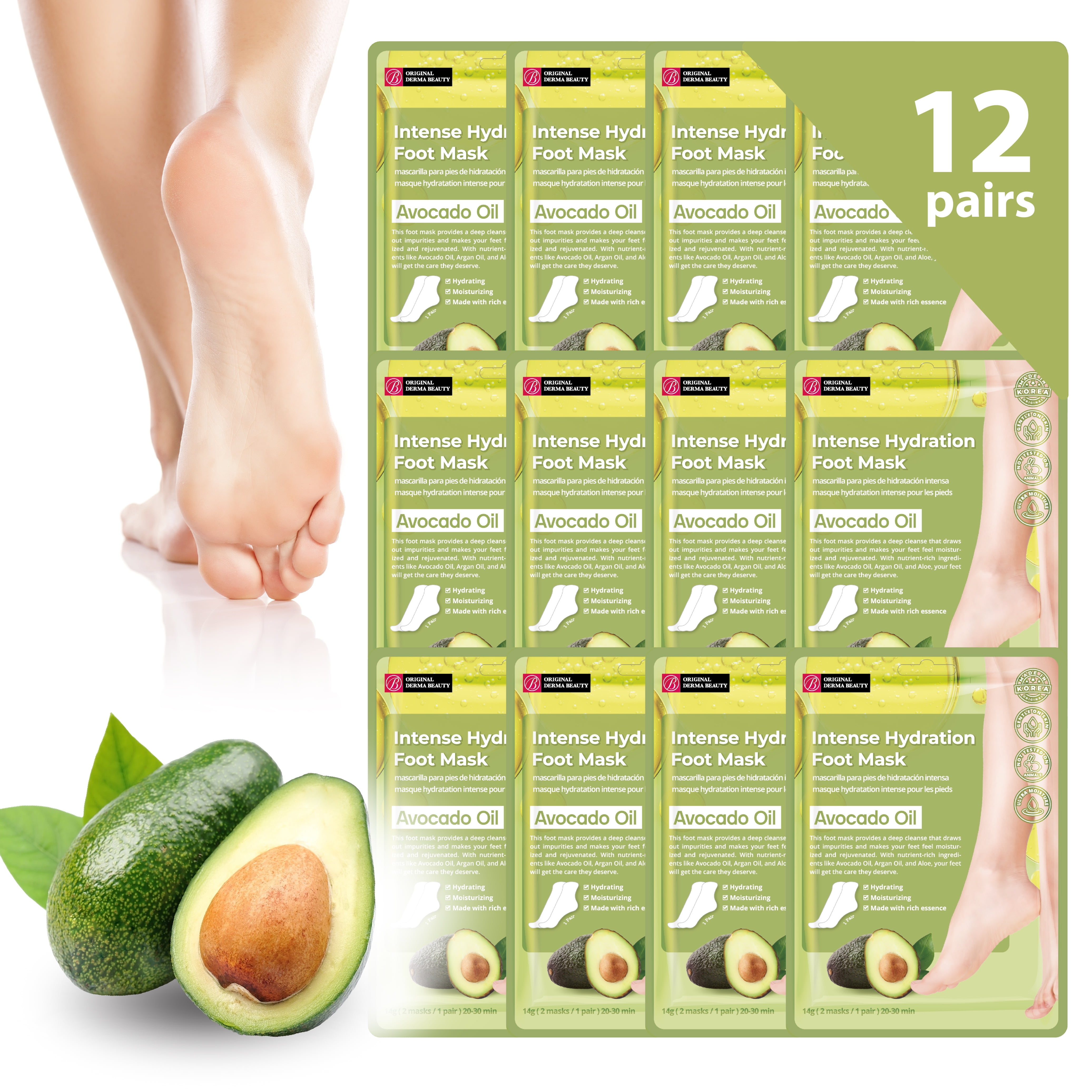 Original Derma Beauty Intense Hydration Avocado Oil Foot Mask, 12 Pairs