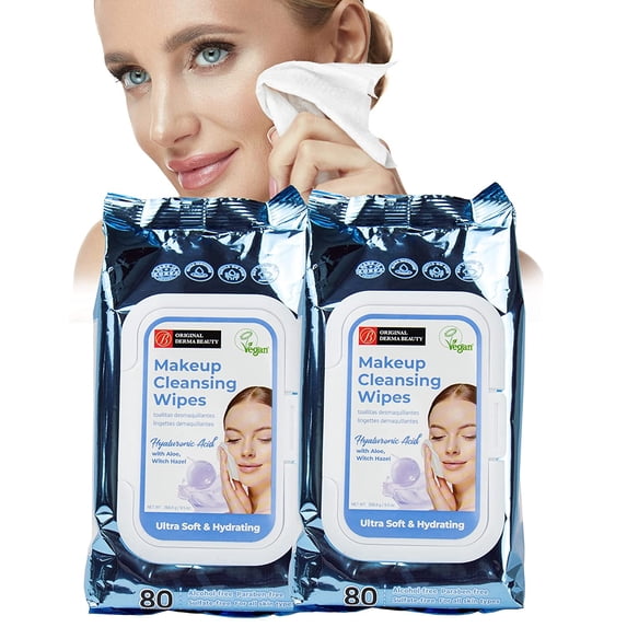 Original Derma Beauty 2 Pack Face Wipes Makeup Remover Face Wipes for Women Eye Makeup Remover Wipes Face Cleansing Wipes (Ultra Soft & Hydrating - Hyaluronic)