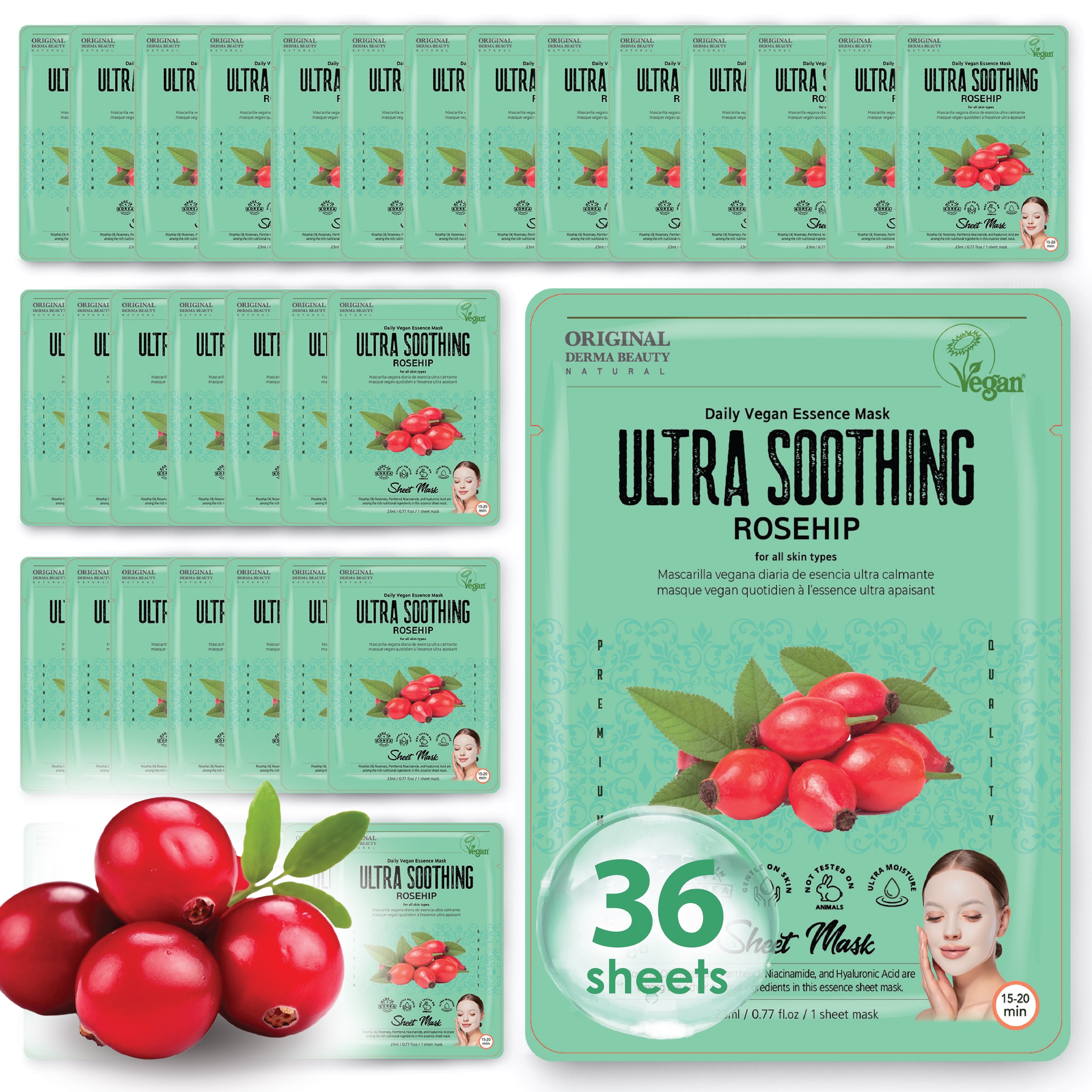 Original Derma Beauty 36 Pack Vegan Ultra Soorthing Rosehip Essecne Mask Sheet - Vegan Face Mask Skin Care Face Masks Skincare, Facial Masks for Women Skin Care