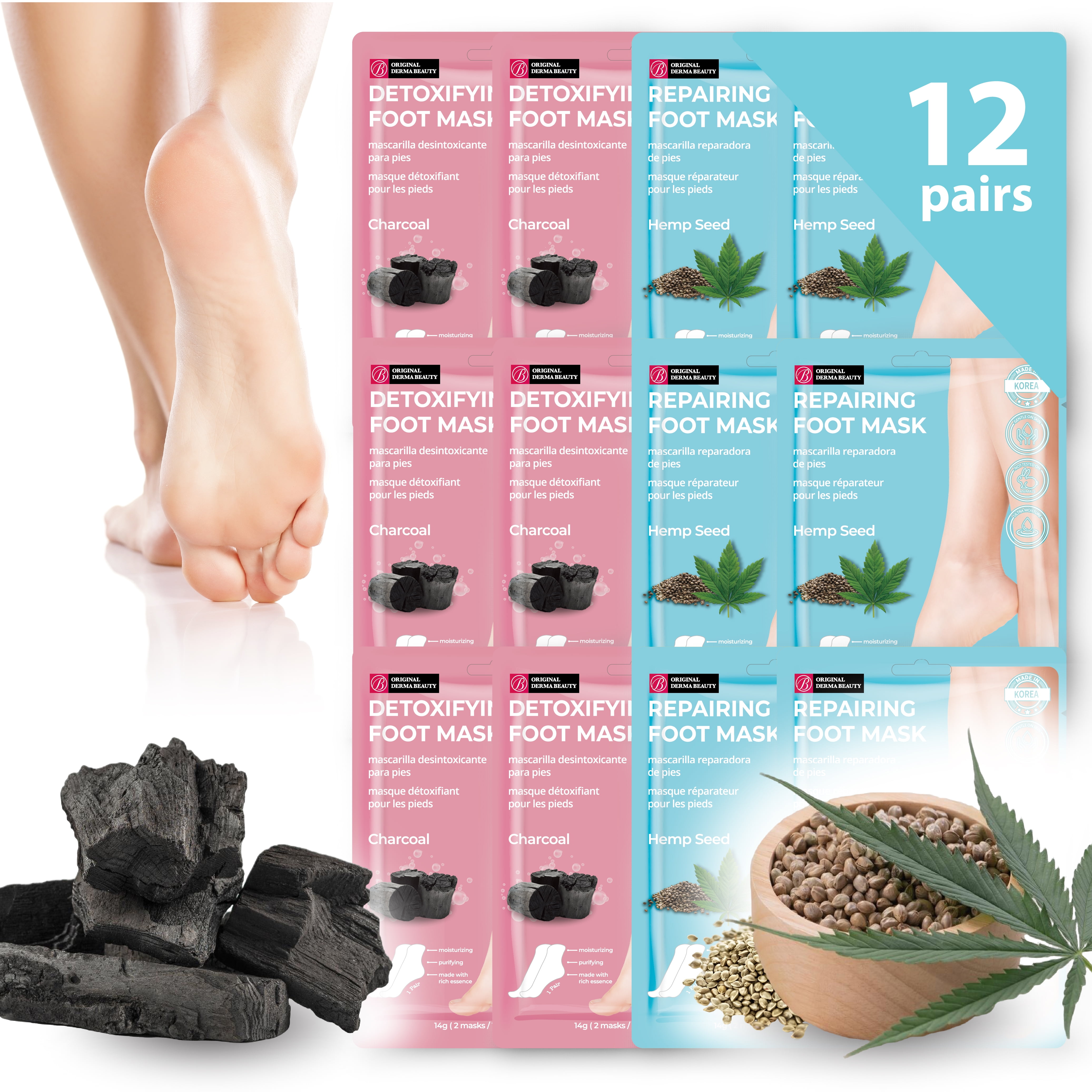 Original Derma Beauty Repairing Hemp Seed + Detoxifying Charcoal Foot Mask, 12 Pairs
