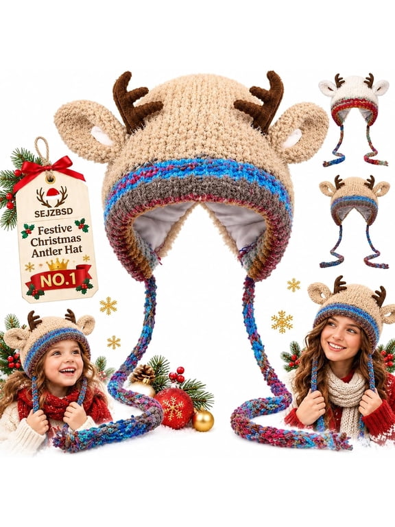Original Design Festive Christmas Antler Hat, Womens Winter Reindeer Knit Earflap Beanie with Plush Texture, Deer Ears, Braided Ties for Holiday Party, Family Photos & Gifts