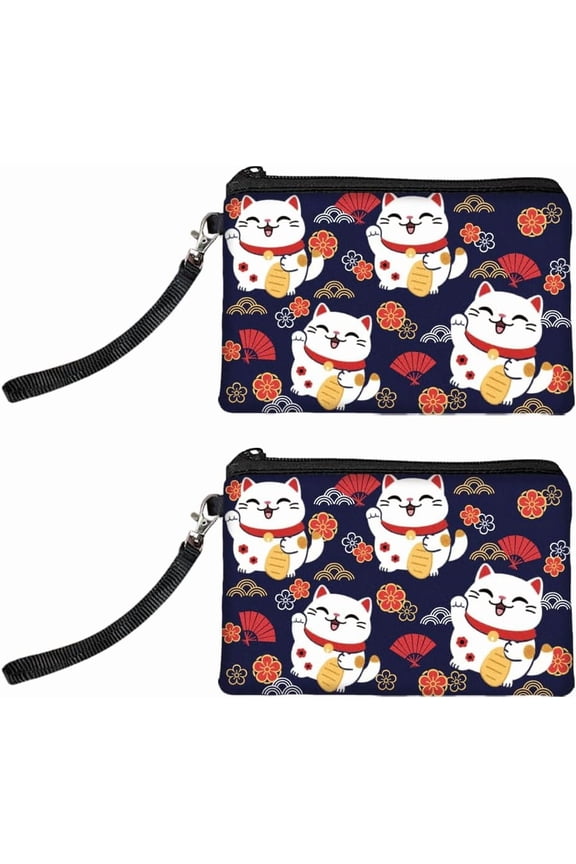 Original Designs Cat Coin Purse for Women Girls Maneki Nekocat 2 Packs Change Purse with Zipper Durable and Soft Canvas Wallet Pouch DIY