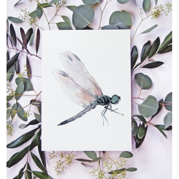 Original Dragonfly Painted Artwork One Of A Kind Unique Insects Plant One, Unframed Paper Print