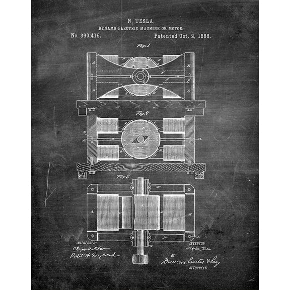 Original Dynamo Machine Tesla Artwork Submitted In 1888 - Science and Technology - Patent Art Print