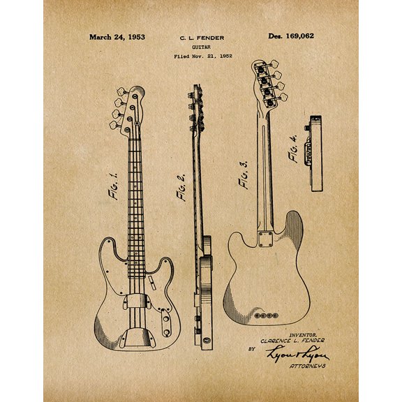 Original Fender Guitar Artwork Submitted In 1953 - Music - Patent Art Print