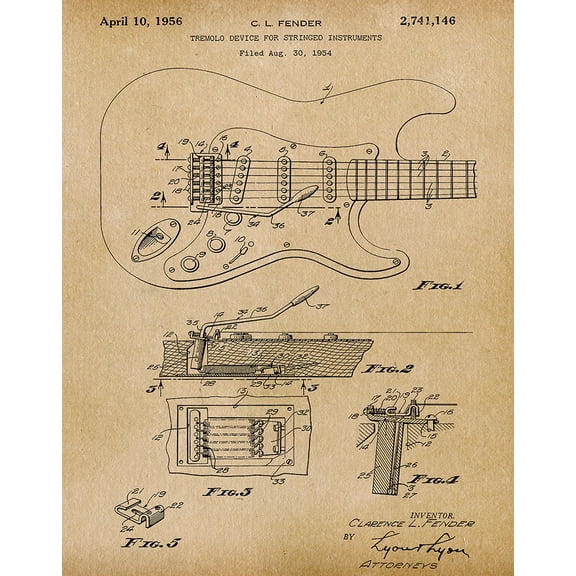 Original Fender Guitar Artwork Submitted In 1956 - Music - Patent Art Print