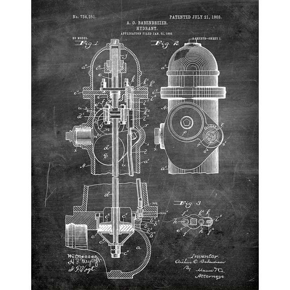 Original Fire Hydrant Artwork Submitted In 1903 - Fire and Rescue - Patent Art Print