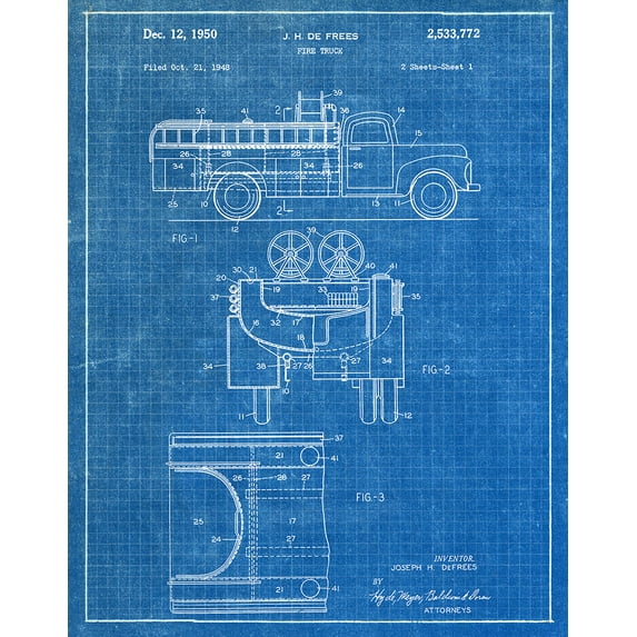 Original Fire Truck Artwork Submitted In 1950 - Fire and Rescue - Patent Art Print