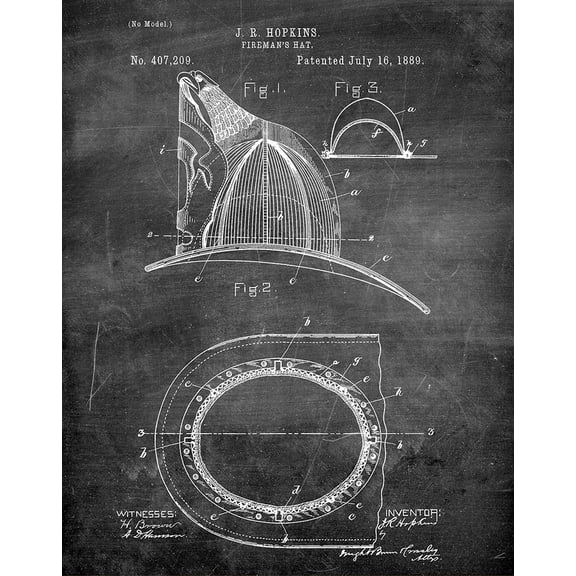 Original Fireman's Hat Artwork Submitted In 1889 - Fire and Rescue - Patent Art Print