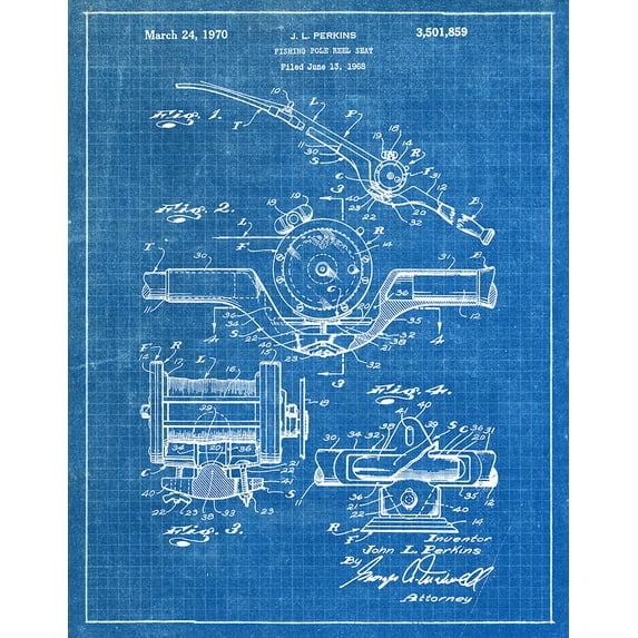 Original Fishing Pole Reel Artwork Submitted In 1970 - Fishing - Patent Art Print