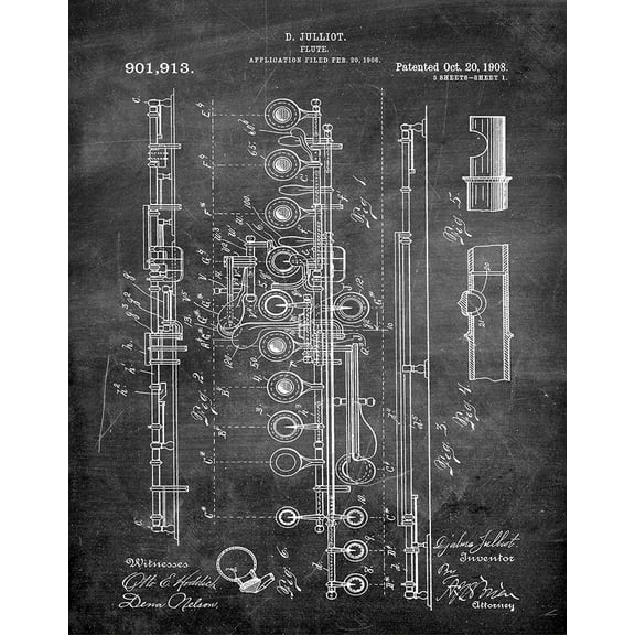 Original Flute Artwork Submitted In 1908 - Music - Patent Art Print