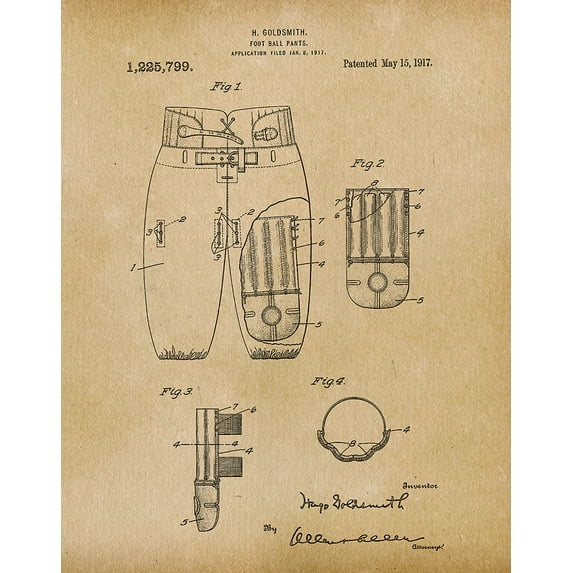 Original Football Pants Artwork Submitted In 1917 - Football - Patent Art Print