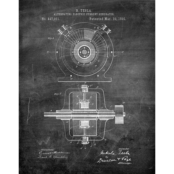 Original Generator Tesla Artwork Submitted In 1891 - Science and Technology - Patent Art Print
