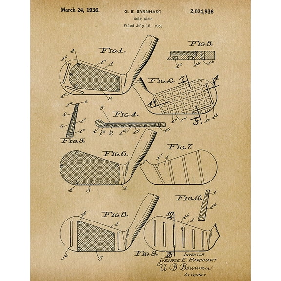 Original Golf Club Artwork Submitted In 1936 - Golf - Patent Art Print
