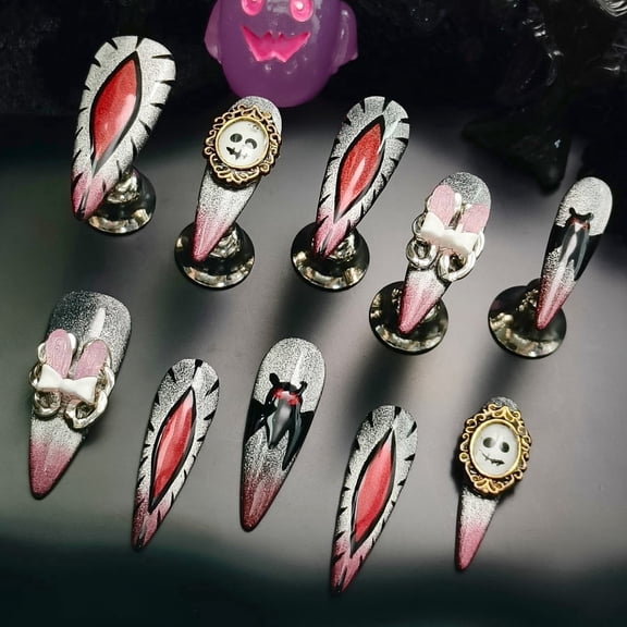 Original Gothic-Style Handmade Press-On Nails - Bat/Skull Long Stiletto Adhesive Reusable Artificial Nails. Ideal for Halloween, Stage & Daily/Holidays. Easy-Stick False Nails.