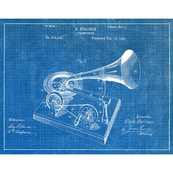 Original Gramophone Artwork Submitted In 1895 - Music - Patent Art Print