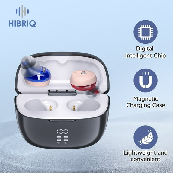 HIBRIQ Mini Rechargeable Digital Hearing Aids for Adults, Nearly Invisible In-Ear Hearing Aids with Magnetic Charging Case, Noise Cancelling & Enhanced Sound HH-1633