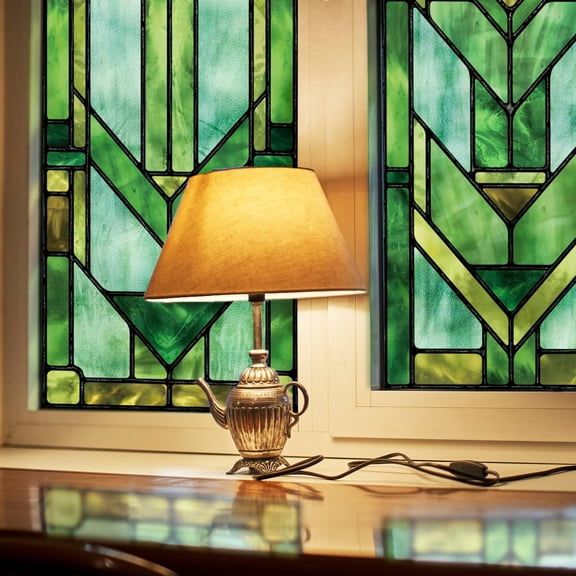 Original Hand Drawn Faux Stained Glass Window Film, Double-Sided Privacy Static Film, Vibrant Chartreuse Geometry Patterns Inspired by Martin House Peep Proof 16.93"X84.65"