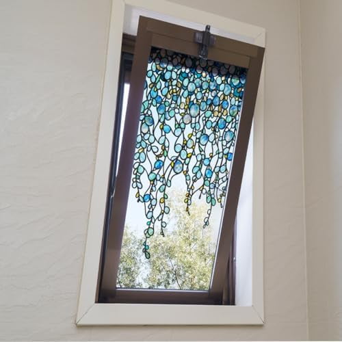 Original Hand Drawn Faux Stained Glass Window Hanging Clings，Double Sided See Through Green Window Film Floral for Living Room,Glass Front Door,Blue Pearl Vine 12.99"X22.83"