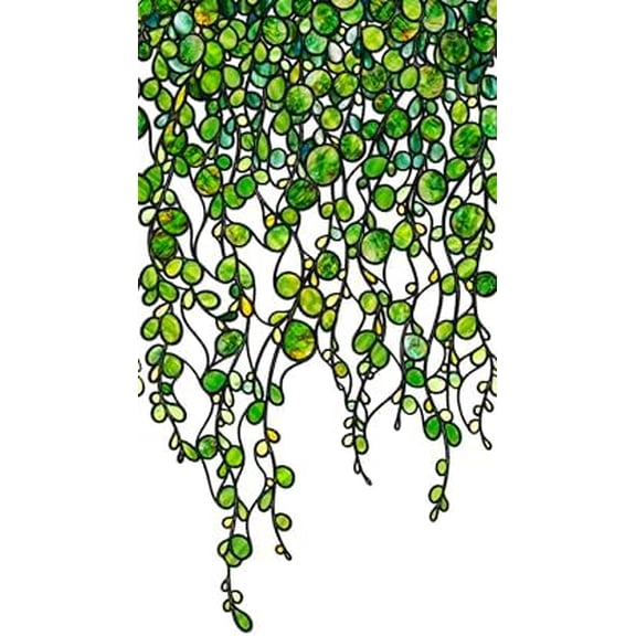 Original Hand Drawn Faux Stained Glass Window Hanging Clings，Double Sided See Through Green Window Film Floral for Living Room,Glass Front Door,Green Pearl Vine 12.99"X22.83"
