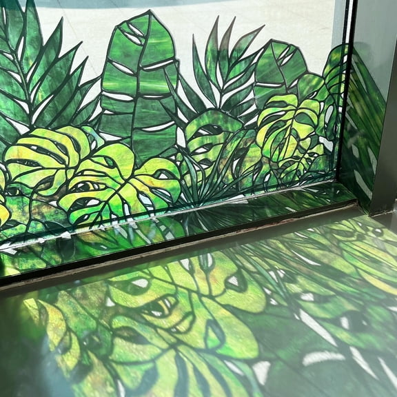 Original Hand Drawn Window Cling Film Stained Glass Border with Tools, Double Sided Transparent Window Film Haning Plants for Glass Window, Front Door, Monstera and Palm 16.93"X54.33"