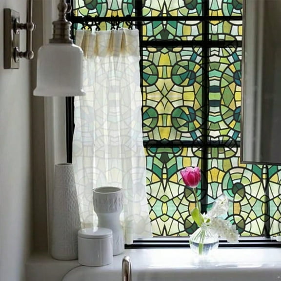 Original HandDrawn Faux Stained Glass Window Film DoubleSided Static Cling Window Cling Suitable For Entryway Reusable Glass Windows Door Decor 29.53x118 Green Glass Mosaic