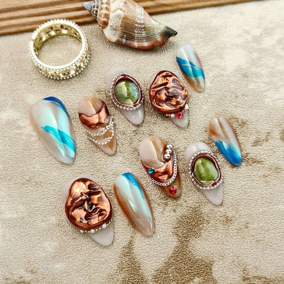 Original Handmade Garbage Punk Press-On Nails - Colorful Fake Nails with Squished Face & Emerald Accents, Artisan-Crafted Edgy Decorative Nails, Multi-Hue (Copper/Blue/Green) Retro-Punk Nail Sets