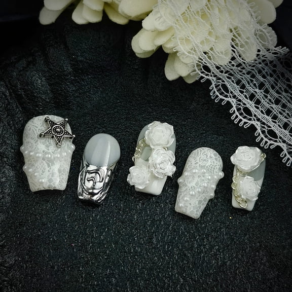 10pcs Medium Tapered Square Handmade press on Nails, White 3D Rose Lace Pearl Chrome Design for Women