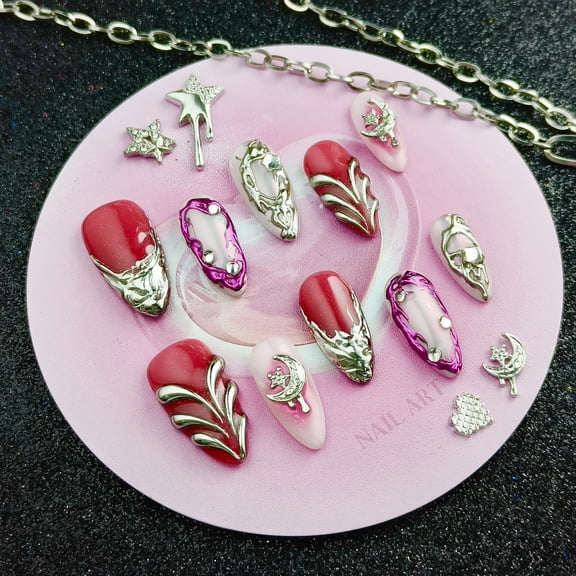 Original Handmade Y2K Cute Red-Style Press-On Nails - Diamond & Moon Design with Silver Stripe Texture, High-End Elegant Decorative Nails, Artisan-Crafted Valentine’s Day Nail Sets for Chic