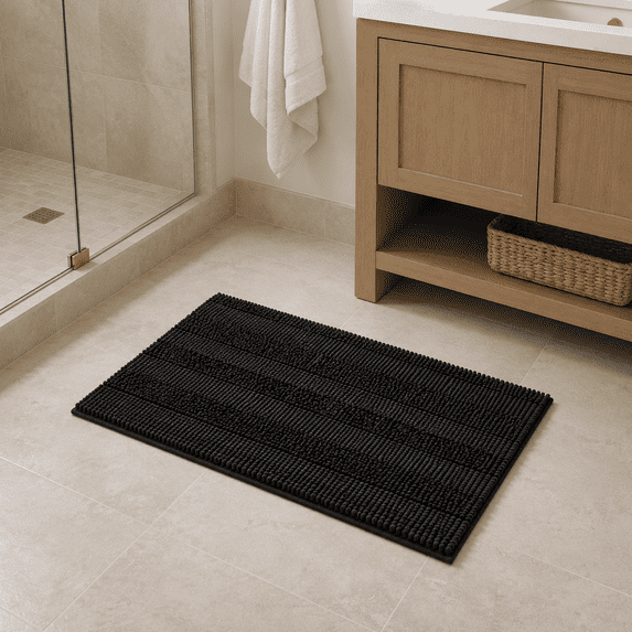 PrimeBeau Chenille Shaggy Rug Striped Black Microfiber Polyester Bath Rug, 20" x 32", Machine Washable, Black