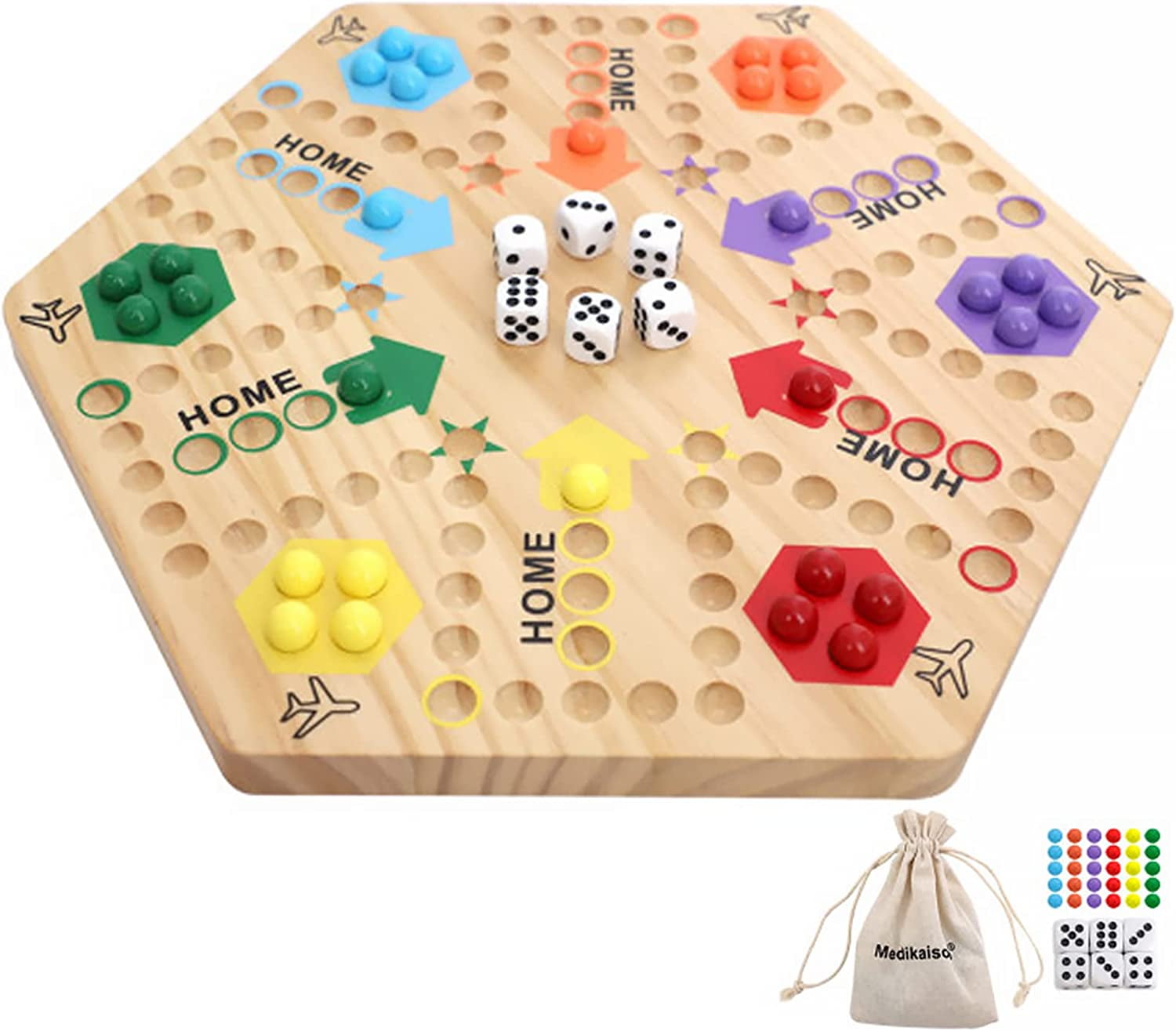 Original Marble Game Wahoo Board Game Double Sided Painted Wooden Fast Track Board Game for 6 and 4 Players 6 Colors 24 Marbles 6 Dice for Family Friends