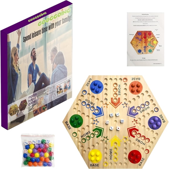 Original Marble Game Wahoo Board Game 16-Inch Double Side Painted Wooden Fast Track Board Game for 6 Player and 4 Player, 6 Colors 36 Glass Marbles 8 Dice for Family Game Night, Friends Party