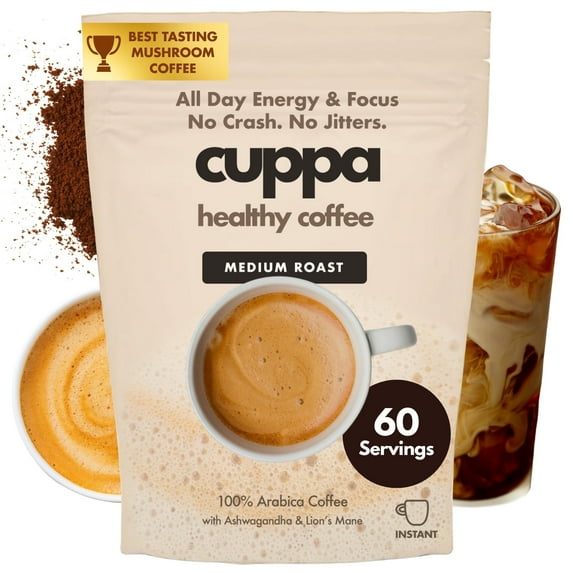 Cuppa Medium Roast Healthy Mushroom Instant Coffee with Lion's Mane & Ashwagandha for All Day Energy & Focus - No Crash or Jitters (60 Serving)