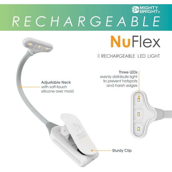 The Original Mighty Bright NuFlex Rechargeable Book Light, 35 Lumens of Warm Eye-Care Light, 3 Brightness Levels, 24 Hours of Battery Life, , Flexible (White)