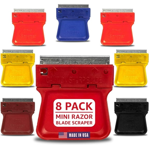Original Mini Scraper – 8 Pack | Safe Plastic Razor Blade Scraper for Stickers, Labels, Paint, Adhesive, Glass, Auto, Kitchen & Craft Use | USA‑Made, High‑Visibility Colors